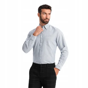 Elegancka koszula męska oxford z haftem jasnoszara V2 OM-SHOS-0173 S - Koszule męskie - miniaturka - grafika 1