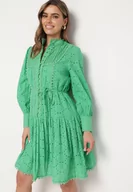 Sukienki - Zielona Sukienka z Haftowanej Tkaniny ze Stójką i Perłowymi Guzikami Salino - miniaturka - grafika 1