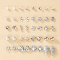 Kolczyki - TEMU Zestaw 20 stylowych i prostych, srebrnych, metalicznych kolczyków damskich z perłowymi liśćmi i sercami, idealny prezent na święta lub do - miniaturka - grafika 1
