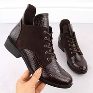 Botki damskie - Botki damskie lakierowane kroko brązowe Vinceza 16477 - miniaturka - grafika 1