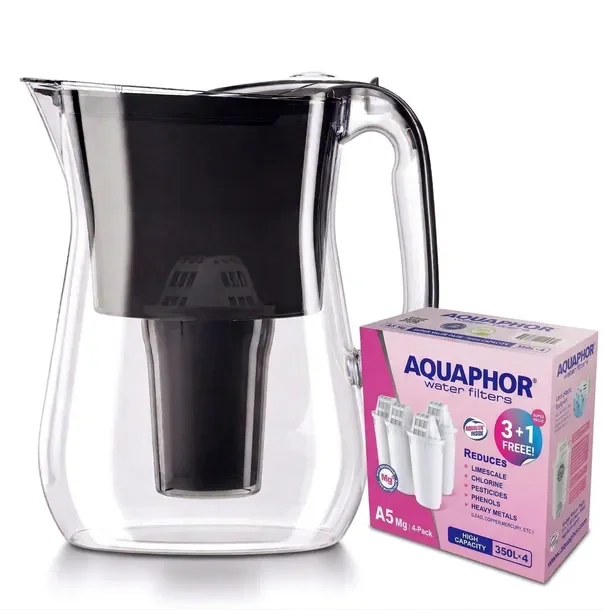 Dzbanek filtrujący AQUAPHOR Lyon Czarny, Wkład A5 + 4 wkłady A5Mg