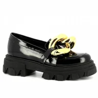 Mokasyny damskie - Czarne lakierowane mokasyny damskie na platformie z ozdobą CARINII - Carinii - miniaturka - grafika 1