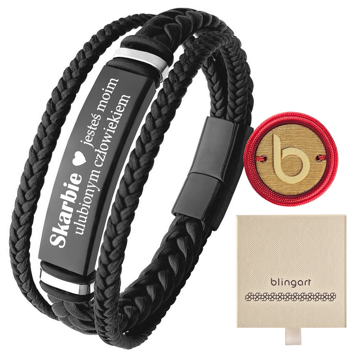 Bransoletka męska skórzana z grawerem czarna preze