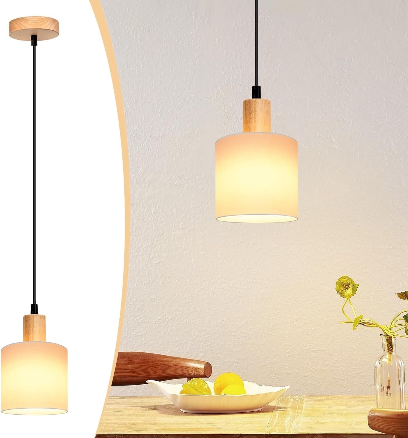 ZMH lampa wisząca drewniana biała lampa stołowa vintage 1 płomień lampa wisząca E14 lampa wisząca z kloszem z tkaniny do salonu restauracja sypialnia kuchnia