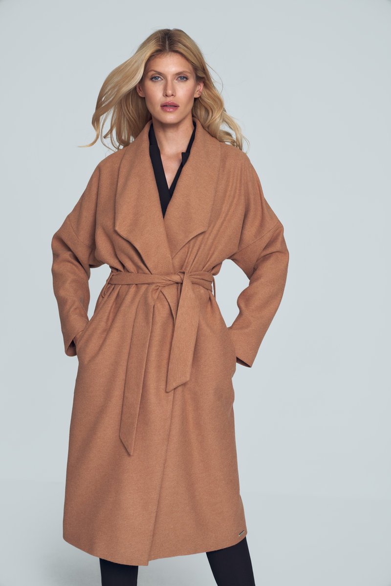 Damski elegancki płaszcz wiązany z paskiem za kolano Regular Fit na co dzień - M713, beżowy, L/XL