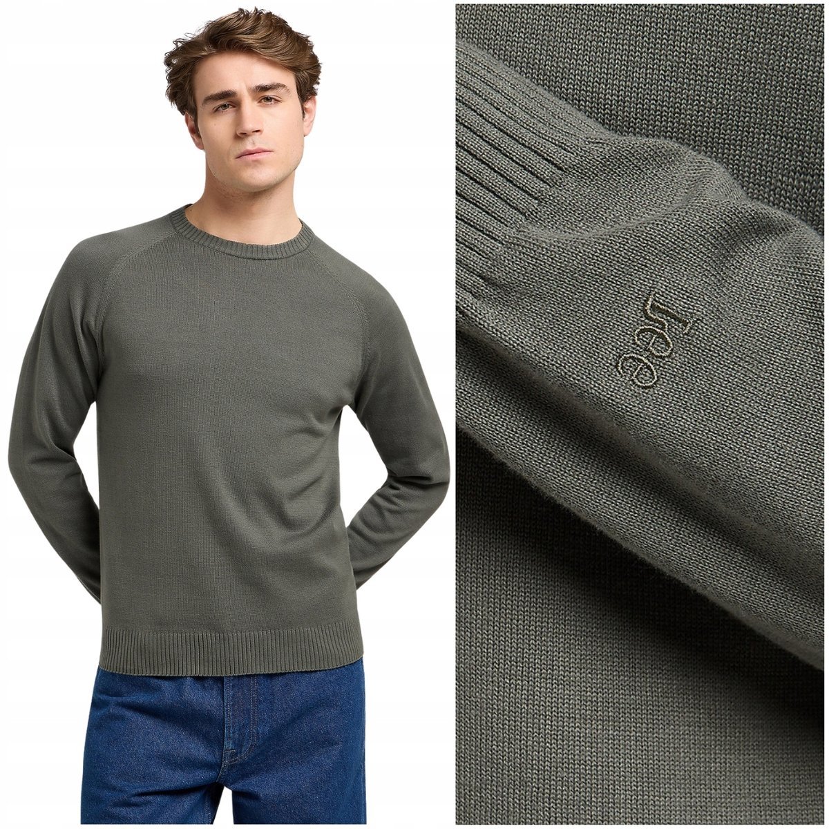 Lee CLEAN RAGLAN SWEATER Olive Gray dopasowany sweter bawełniany męski S