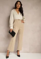 Kombinezony - Beżowy Kopertowy Kombinezon z Elegancką Koszulową Górą i Szerokimi Nogawkami Vareti - miniaturka - grafika 1