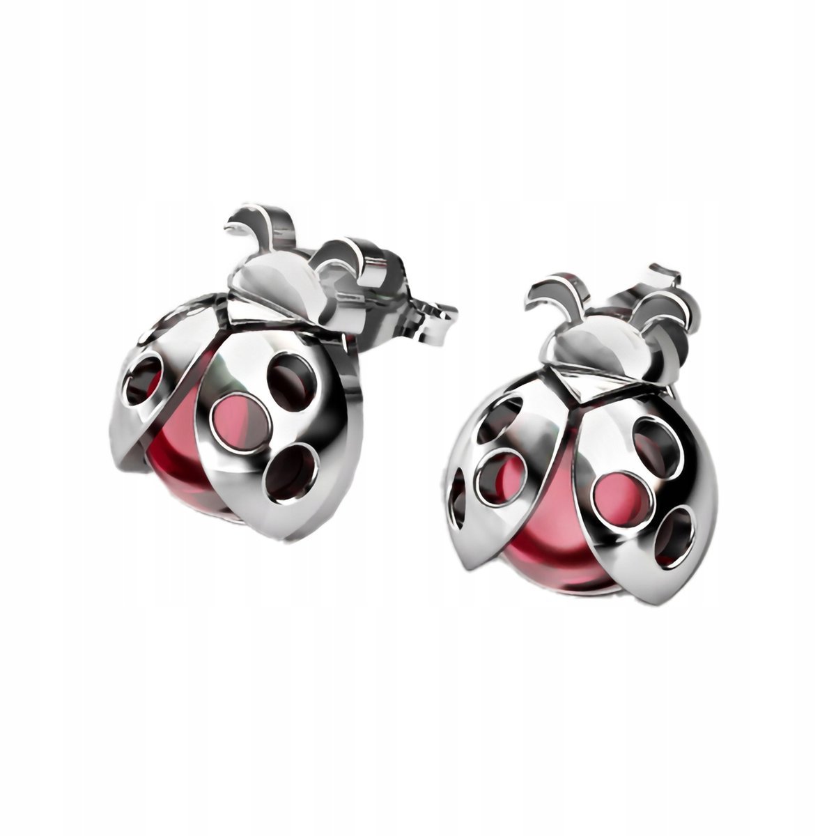 Kolczyki srebrne pr. 925 Dziecięce z Czerwonym Kamieniem Biedronki Sztyft