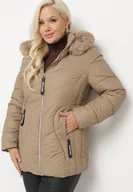 Kurtki damskie - Ciemnobeżowa Kurtka Pikowana z Odpinanym Kapturem i Futerkiem Ittella - miniaturka - grafika 1