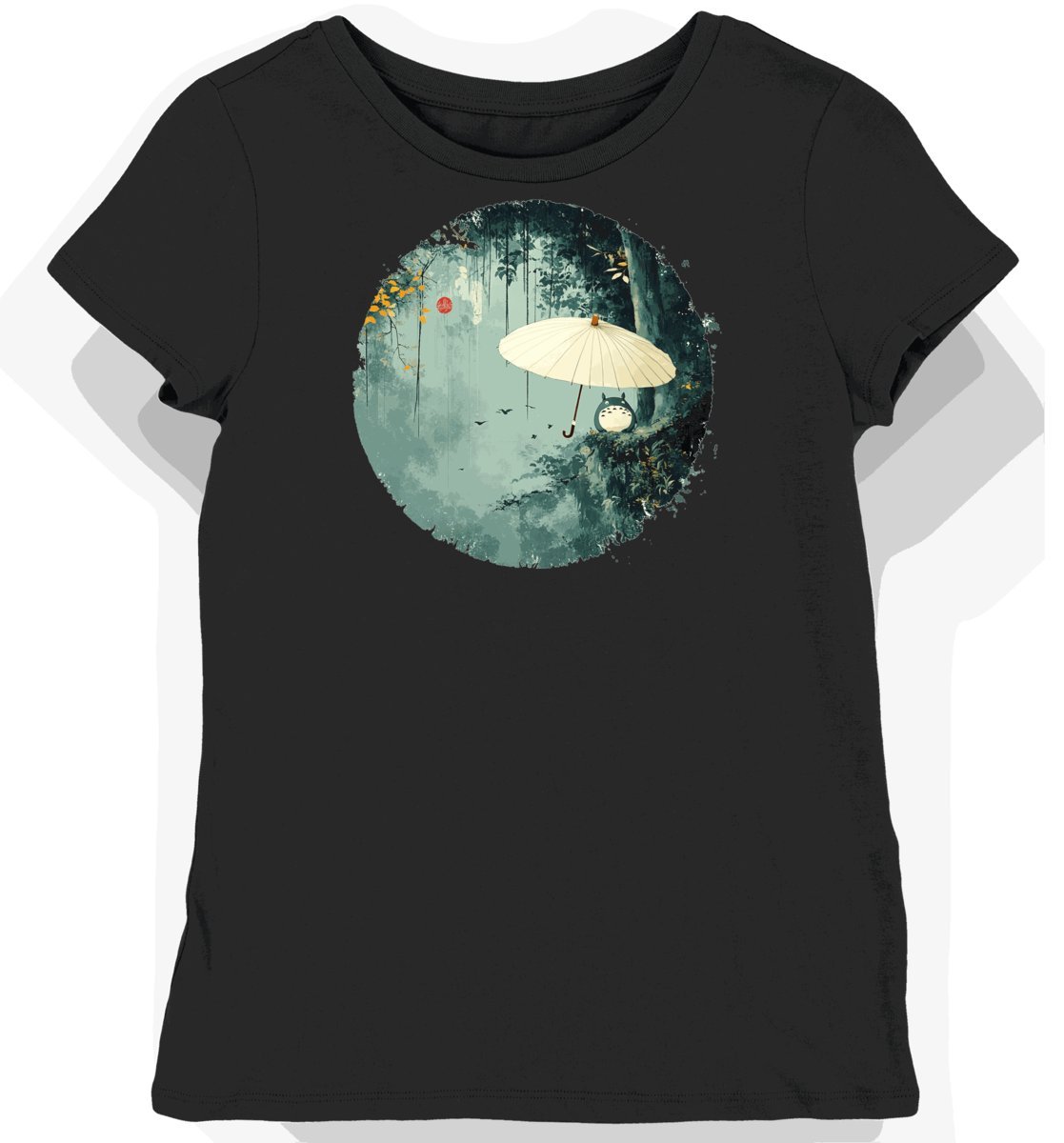 Koszulka damska czarna z motywem Totoro i liściem XXL