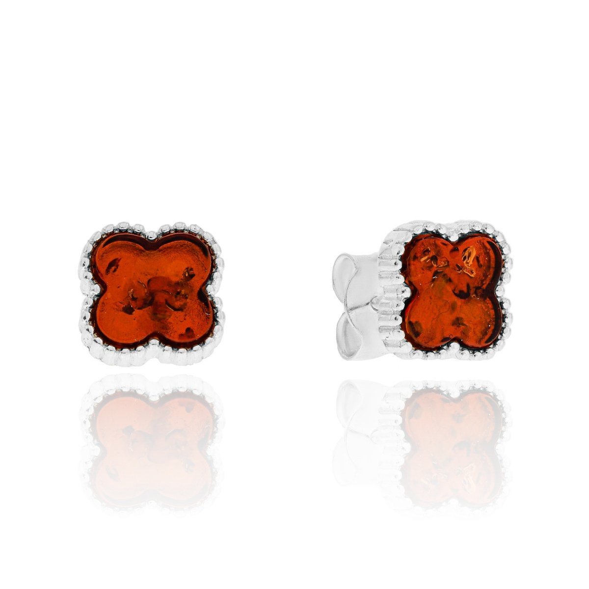 Srebrne kolczyki z bursztynem koniczynki, sztyfty pr. 925