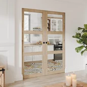 Drzwi wewnętrzne - Drzwi przesuwne podwójne chowane w ścianie z drewna i szkła hartowanego - 3 okna - 2 x wys. 205 x szer. 93 cm - ACOSTA II - miniaturka - grafika 1