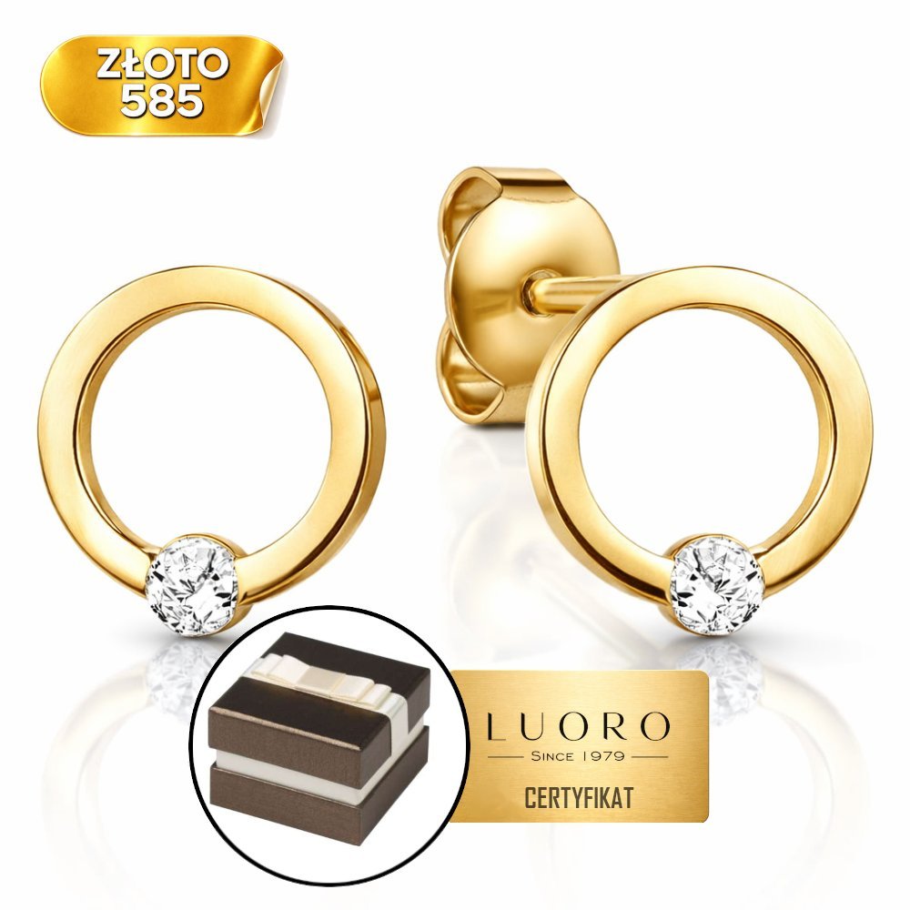KOLCZYKI ZŁOTE 585 14K KÓŁKO Z CYRKONIĄ 7 MM SZTYFT ELEGANCKIE