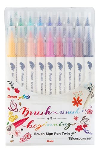 Pentel SESW30C-18 Brush Sign Pen Twin, zestaw 18 kolorów, flamastry z dwiema elastycznymi końcówkami, tusz na bazie wody, sortowany
