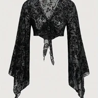 Swetry damskie - TEMU Elegancki kardigan z koronkowym dekoltem w serek dla kobiet - kwiatowy, flokowany, przezroczysty tiul, mieszanka poliestru (95% poliester, 5% - miniaturka - grafika 1