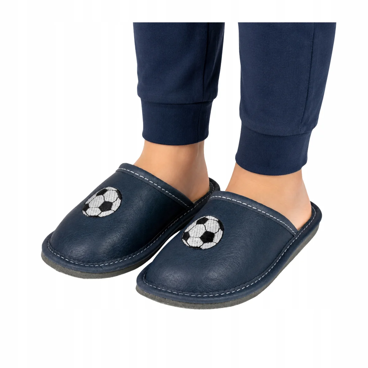 Pantofle Dziecięce Granatowe Skórzane z Piłką dla Chłopca Slippers r. 32