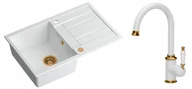Zlewozmywaki z baterią - Quadron Zlewozmywak granitowy jednokomorowy 78*50*22 cm z ociekaczem MORGAN 111 SNOW WHITE z miedzianym odpływem z baterią RACHEL Q LINE SNOW WHITE kolor biały mat/wykończenie miedź - miniaturka - grafika 1