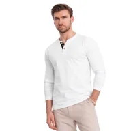 Koszulki męskie - Koszulka męska longsleeve dekolt guziki bawełna biały V10 OM-LSCL-0107 XL - miniaturka - grafika 1