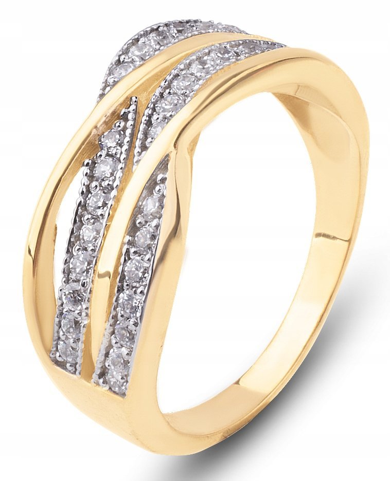 PIĘKNY ZŁOTY PIERŚCIONEK Z BIAŁYMI KAMIENIAMI FALE OCEANU 585 14KT