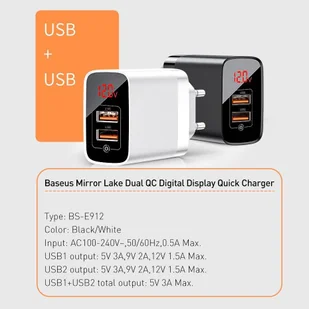 Baseus Mirror Lake szybka ładowarka Quick Charge 3.0 2x USB 18W z wyświetlaczem biały (CCJMHA-A02) - Ładowarki do telefonów - miniaturka - grafika 18