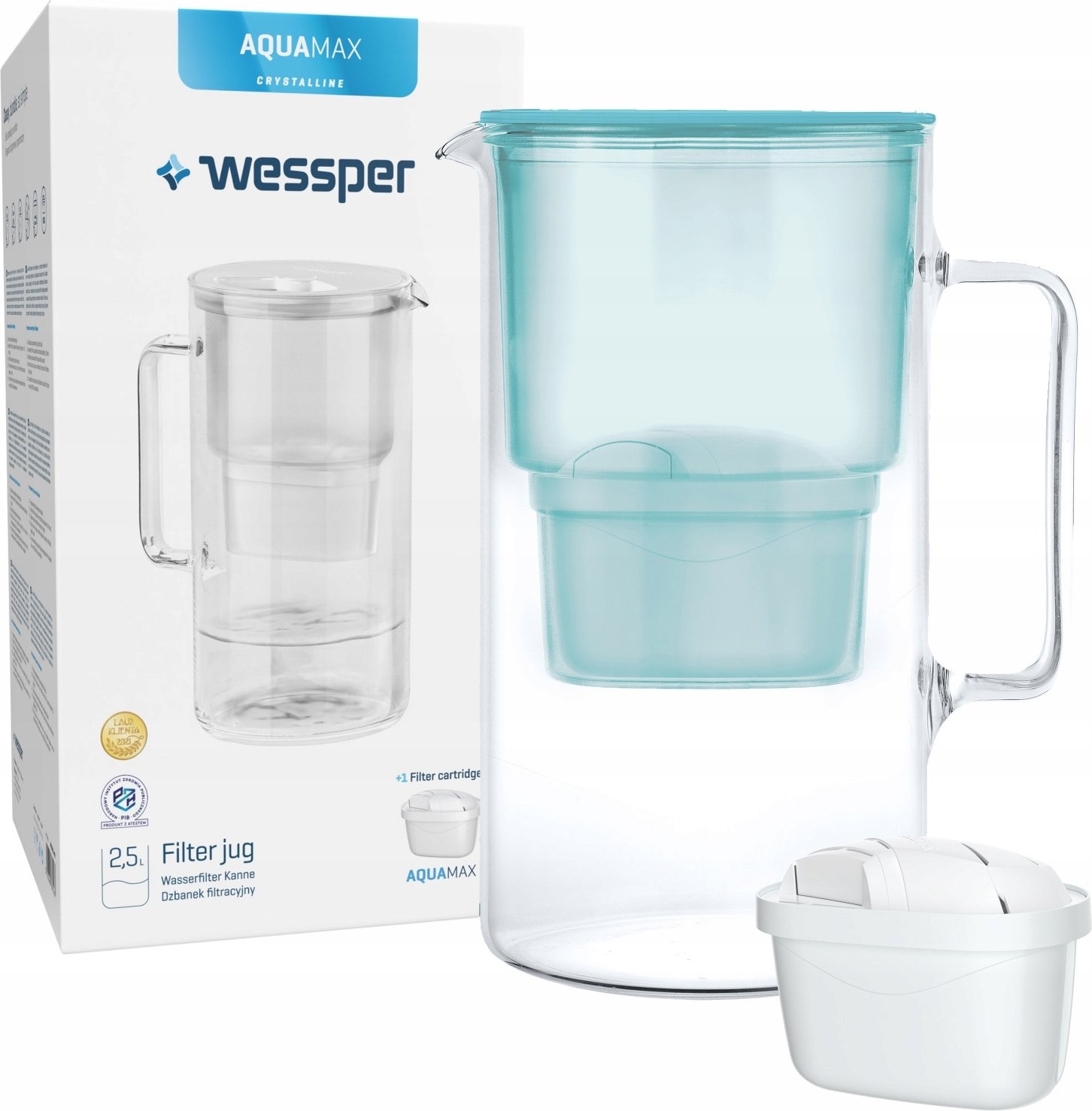 Dzbanek filtrujący Wessper AquaMax Crystalline Glass o pojemności 2,5 l w kolorze miętowym, 1 filtr do wody w zestawie redukuje powstawanie kamienia i chloru