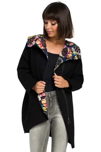 Czarna Rozpinana Luźna Bluza z Kwiecistym Kapturem - Bluzki damskie - miniaturka - grafika 1