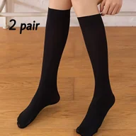 Skarpetki damskie - TEMU 2 Pary Damskich Czarnych Skarpetek Do Kolan - Jednolity , Dzianinowa Tkanina Nylonowa, 95% Poliamid 5% Elastan, Oddychające I Wygodne Do - miniaturka - grafika 1