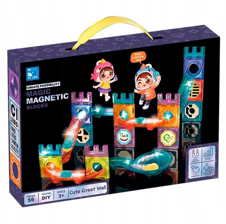 KLOCKI MAGNETYCZNE KONSTRUKCYJNE ZESTAW 3D ŚWIECĄCY 56EL KOSTKI DLA DZIECI
