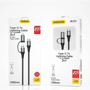 Dudao kabel przewód 2w1 USB Typ C PD - USB Typ C Power Delivery (60 W) + Lightning (18 W) 1 m szary (L20 gray) - Kable USB - miniaturka - grafika 5