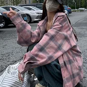 Inne - Koszula w kratę z guzikami z przodu, swobodna z długim rękawem na wiosnę i jesień, odzież damska - miniaturka - grafika 1