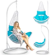 Sofotel Fotel ogrodowy wiszący bujany Cabana biały + niebieskie poduszki