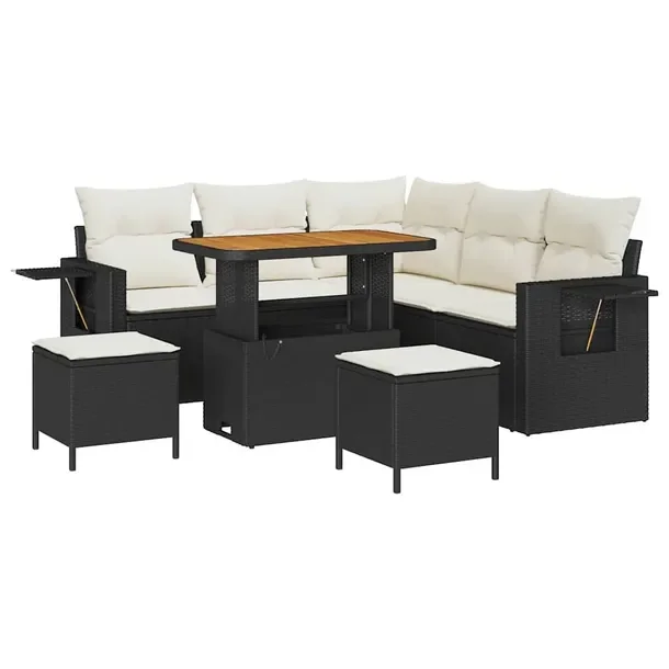 Zestaw Sofa Ogrodowa 5-osobowa Czarna z Kremowymi Poduszkami