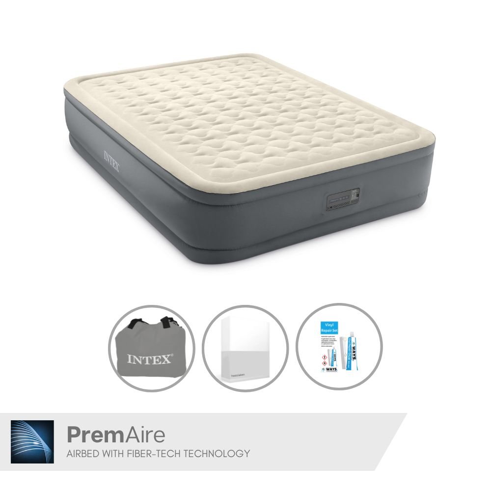 Łóżko dmuchane Intex - 2 osoby - 152 x 203 x 46 cm - Szare - Z pompką elektryczną + prześcieradło białe + zestaw naprawczy