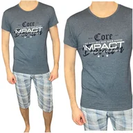 Piżamy damskie - Piżama męska krótki rękaw granat melanż spodnie kratka impact L - miniaturka - grafika 1