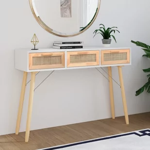 Stolik konsolowy, biały, 105x30x75 cm, drewno sosnowe i rattan Lumarko! - Konsole i sekretarzyki - miniaturka - grafika 1