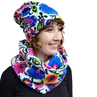 Czapki damskie - Komplet Polarowa Czapka I Komin Folk Łowicki Biały - miniaturka - grafika 1