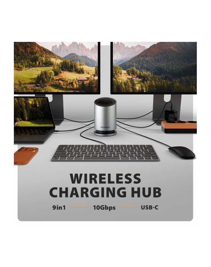 axagon HMC-WL9 Wieloportowy hub USB 9in1, 10Gbps, 3xUSB-A, 1xUSB-C, DP 8K/60Hz, HDMI 4K/60Hz, PD 100W, GLAN, 100cm USB-C kabel, wireless charging 15W
