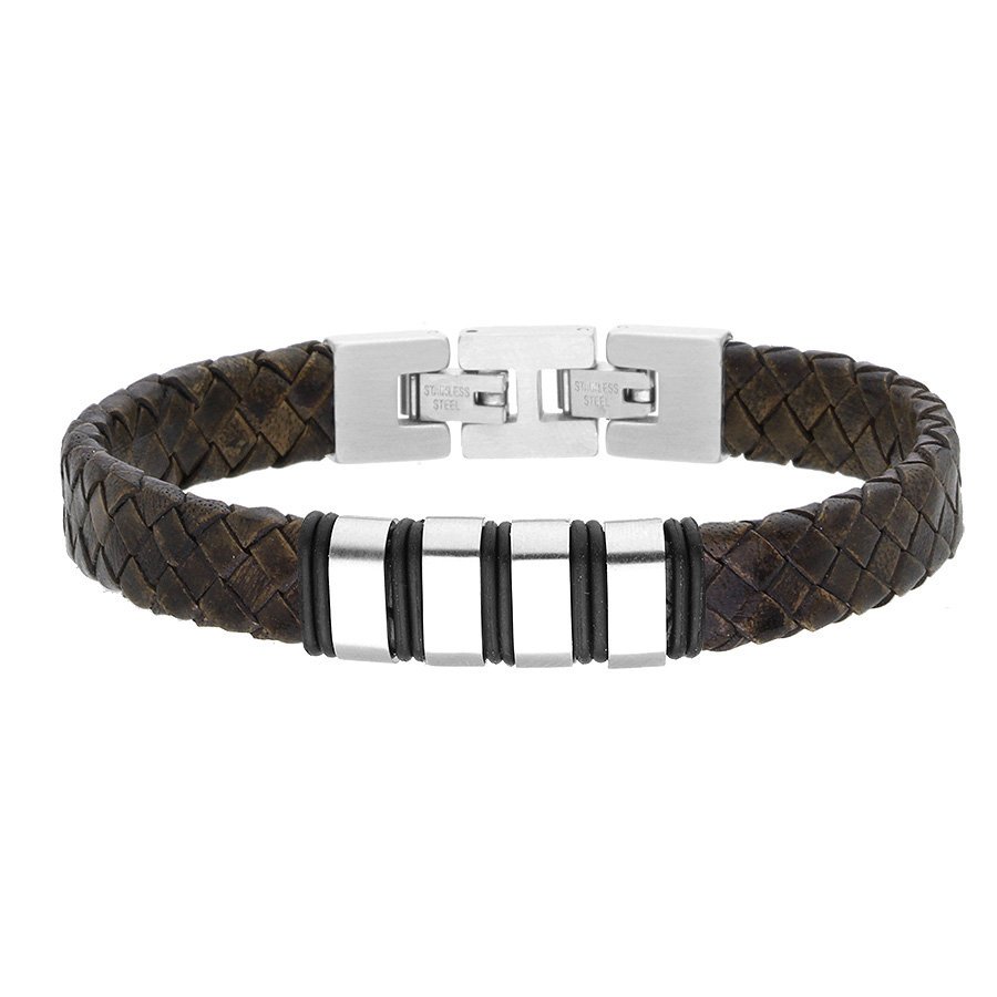 Bransoletka męska srebrne elementy do grawerowania na brązowej plecionej skórze