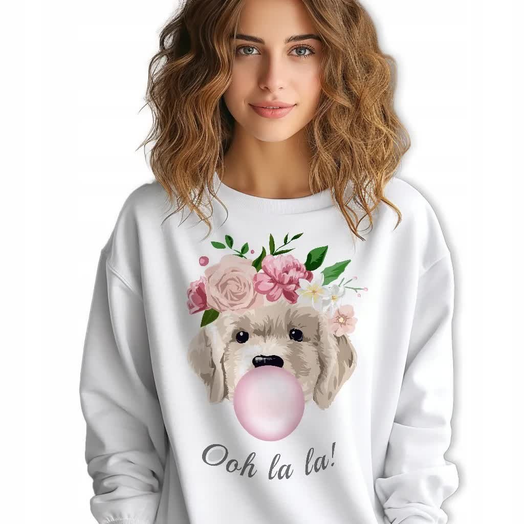 Bluza Ciepła Damska Biała roz.S Klasyczna PIESEK KWIATY GUMA BALONOWA Wzory