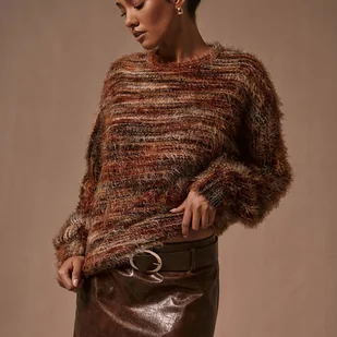 TEMU Elegancki Sweter Damski Oversize - Brązowy Beż & Czarny Pionowe Prążki, Zimowa Bluza z Długimi Rękawami i Zaokrąglonym Kołnierzem, Może być Prań - Bluzki damskie - miniaturka - grafika 1