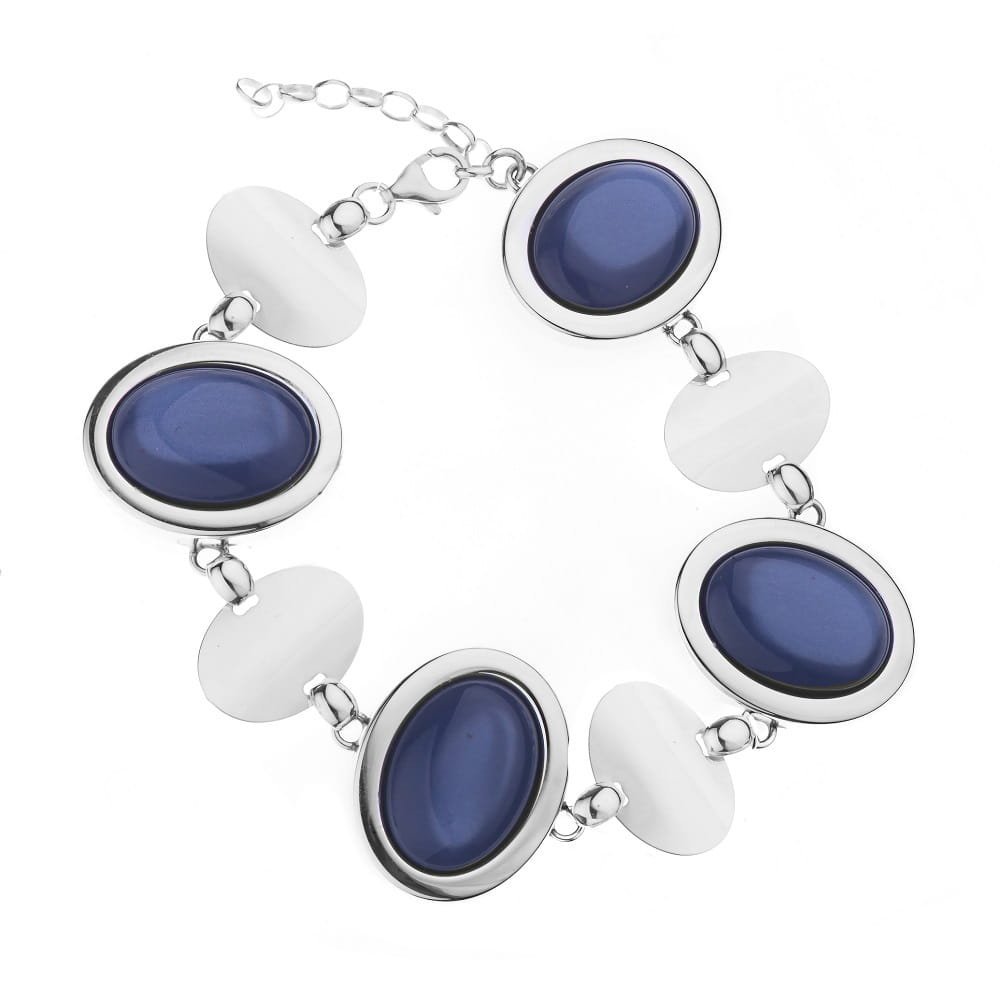 Srebrna bransoletka elegancka pr. 925 gładka z niebieskimi kamieniami - Kobalt