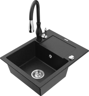 Mexen Enzo zlewozmywak granitowy 1-komorowy z ociekaczem i baterią kuchenną Savita, czarny/srebrny metalik - 6506-73-672601-70 - Zlewozmywaki z baterią - miniaturka - grafika 1