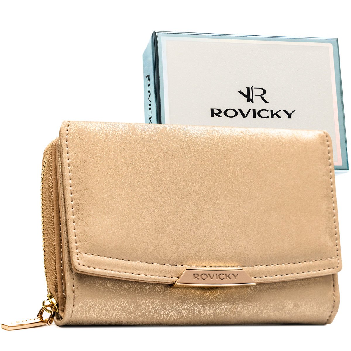 Elegancki portfel damski ROVICKY mały na zatrzask i suwak ochrona kart RFID na prezent beżowy
