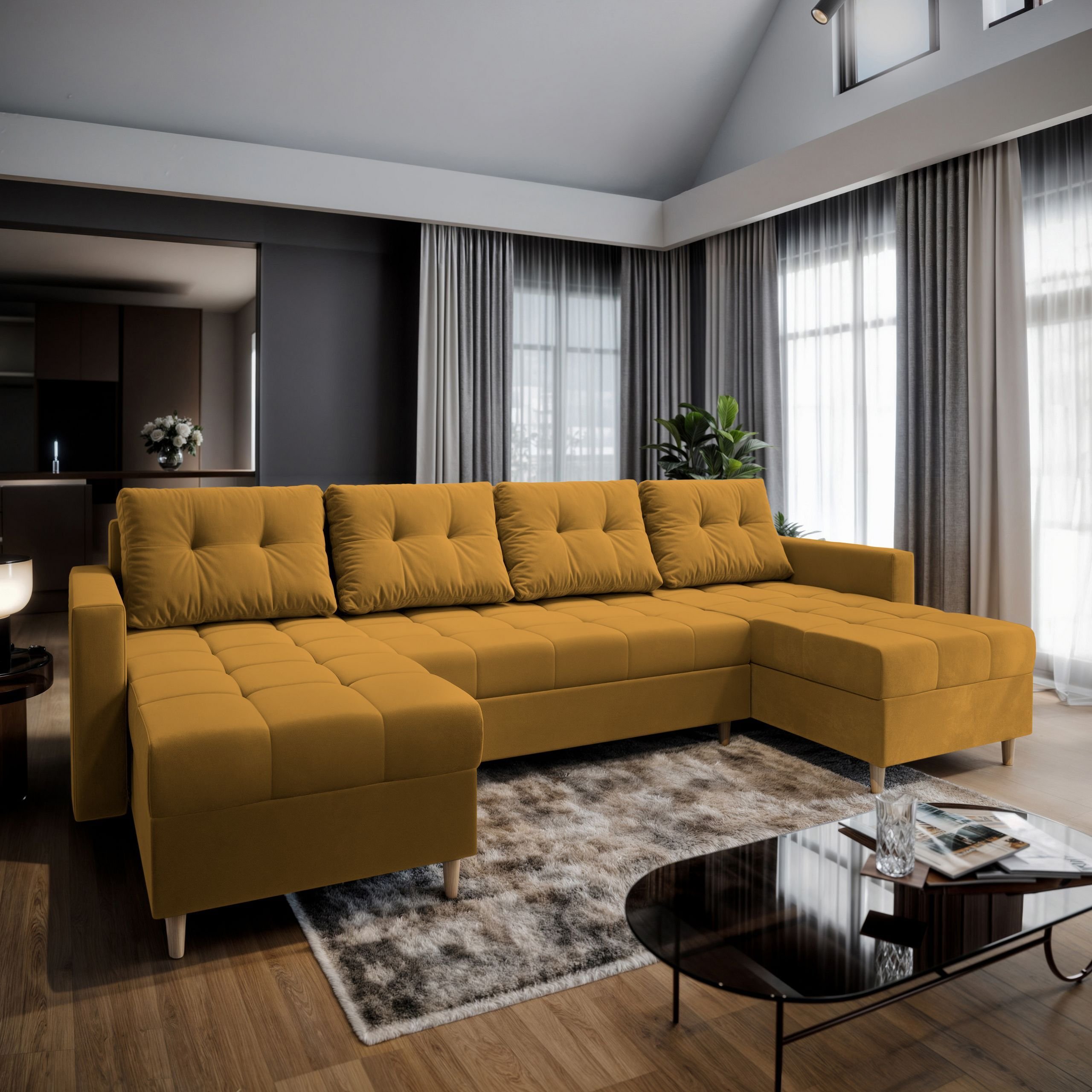 Masseno Narożnik MILO U z funkcją spania i pojemnikiem na pościel Kształt U, Rozkładana sofa, Rogówka - Żółty, KRONOS 01