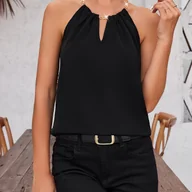 Koszule damskie - TEMU Bluzka Z Wycięciem W Jednolitym Kolorze, Elegancka Bluzka Bez Rękawów Na Wiosnę I , Odzież Damska - miniaturka - grafika 1