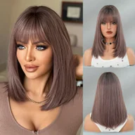 Ozdoby do włosów - TEMU Peruka Elegancka Prosta Syntetyczna o Długości do Ramion z Fioletowym Przodem i Grzywką - Wysoka Gęstość Odporna na Ciepło, 43cm, Kapelusz z - miniaturka - grafika 1