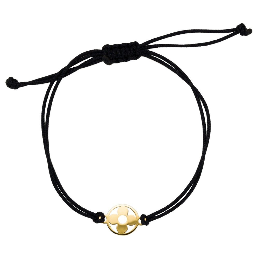 Bransoletka czarny sznurek ze złotym kwiatkiem w kółku pr.585