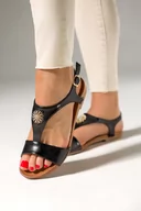 Sandały damskie - Czarne sandały damskie płaskie złota ozdoba z kryształkami Casu K24X4-B-38 - miniaturka - grafika 1