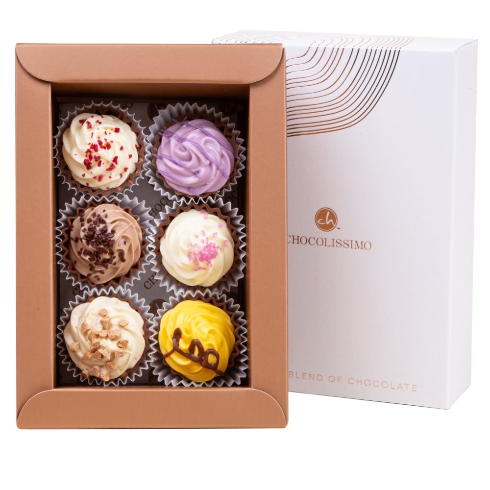 Zestaw 6 pralinek z belgijskiej czekolady w kształcie amerykańskich babeczek Prezent na urodziny, komunie, Dzień Dziecka