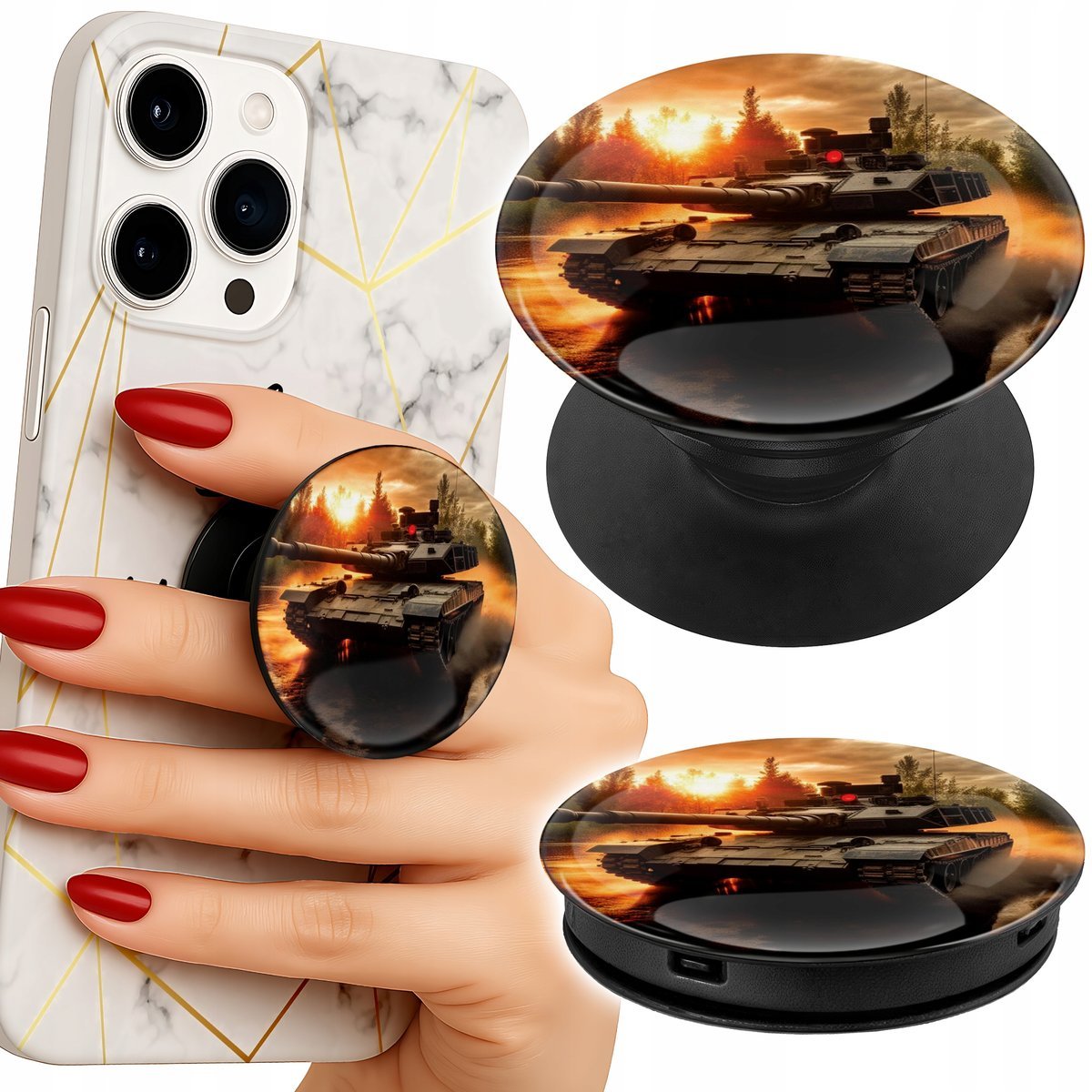 Uchwyt do telefonu Popsocket na palce/stojak CZOŁG WOJNA MILITARIA WOJSKOWE